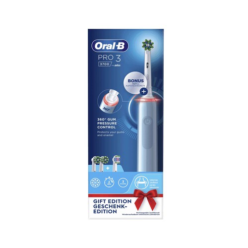 Cepillo de dientes eléctrico Braun ORAL-B Pro3 3700 azul, control de presión, temporizador, incluye 1 cabezal + 2 cabezales de regalo.