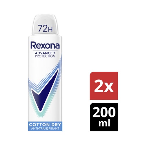 REXONA Advanced protection cotton dry Desodorante en spray para mujer antitranspirante hasta 72 horas 2 x 200 ml.