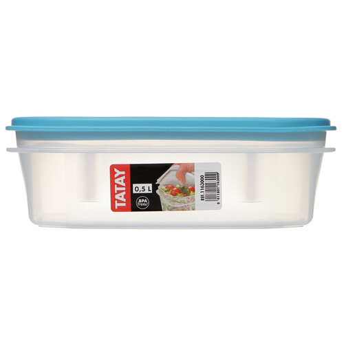 Recipiente para alimentos ovalado de plástico transparente con tapa color azul, 0,5 litros TATAY.
