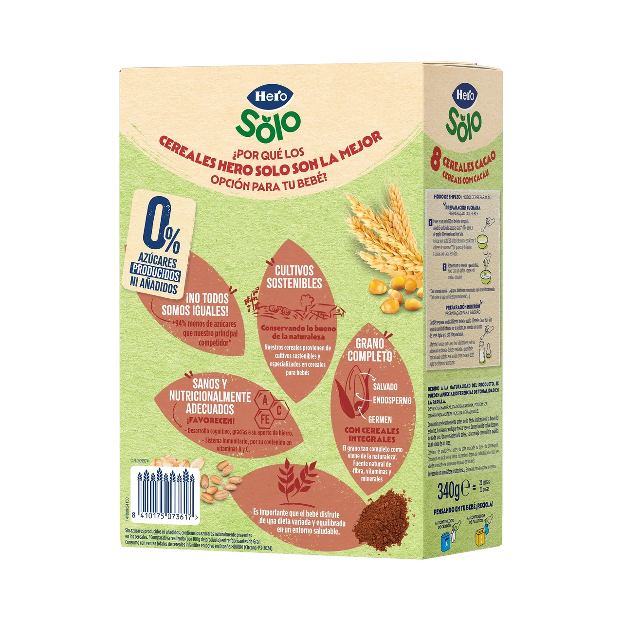 Solo Papilla de 8 cereales y cacao para bebés a partir de 12 meses 340 g.