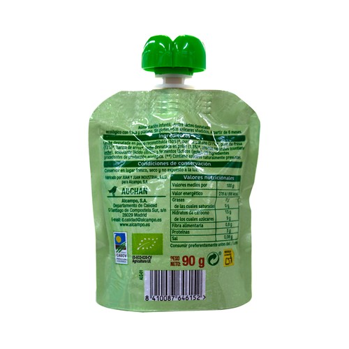 ALCAMPO BABY Bio Bolsita de fresa y plátano 0% azúcares añadidos a partir de 6 meses 90 g.