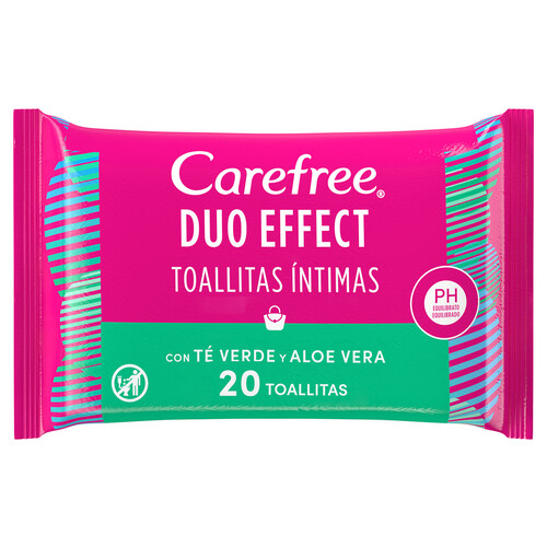 CAREFREE Toallitas humedas para la higiene intima con aloe vera y té verde CAREFREE Duo effect 20 uds.