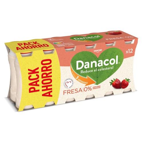 DANACOL Leche fermentada desnatada con edulcorantes, esteroles vegetales añadidos y sabor a fresa  de Danone 12 x 100 g.