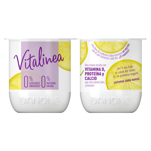VITALINEA Yogur desnatado 0% materia grasa, sabor limón de Danone 4 x 120 g.
