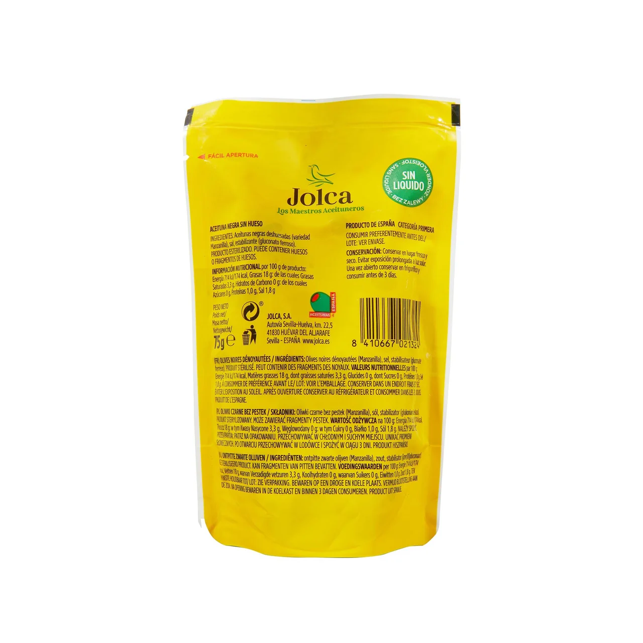 Aceituna negra manzanilla sin hueso, 75 g.