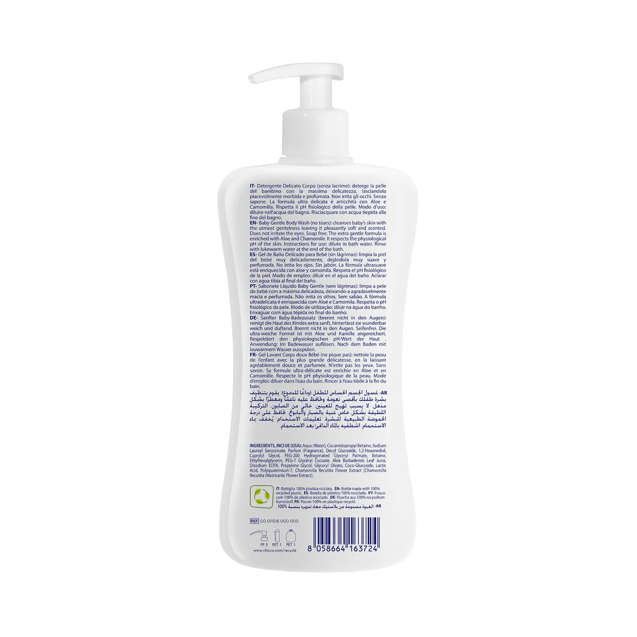 CHICCO Gel de baño sin lágrimas, con aloe vera y Camomil CHICCO Natural sensation 500 ml.