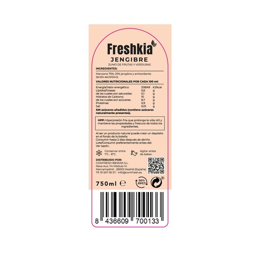 FRESHKIA Zumo refrigerado de jengibre 750 ml.