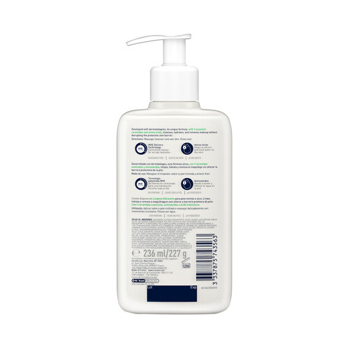 CERAVE Limpiador (crema-espumante) hidratante, eliminador del maquillaje, para pieles normales a secas 236 ml.