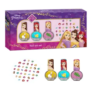 DISNEY Princess Estuche con 3 esmaltes para uñas y decoraciones adhesivas para las mismas.