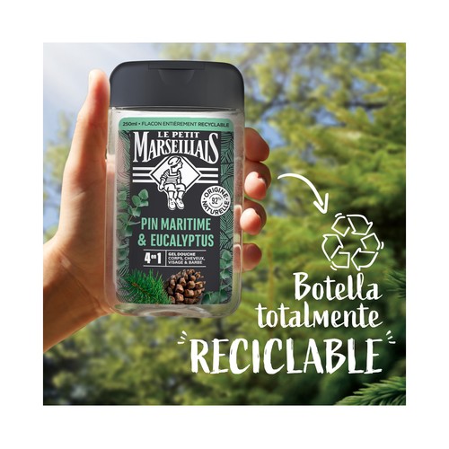 LE PETIT MARSEILIAIS Gel para baño o ducha 4 en 1 (cuerpo, cabello, cara y barba) con pino marino y eucalipto 250 ml.