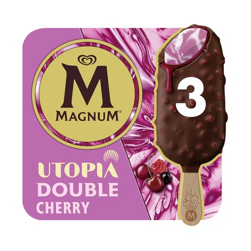 MAGNUM Utopia doble cherry Helado de frutas del bosque, nata y salsa de guinda, recubierto chocolate con leche 3 x 85 ml.