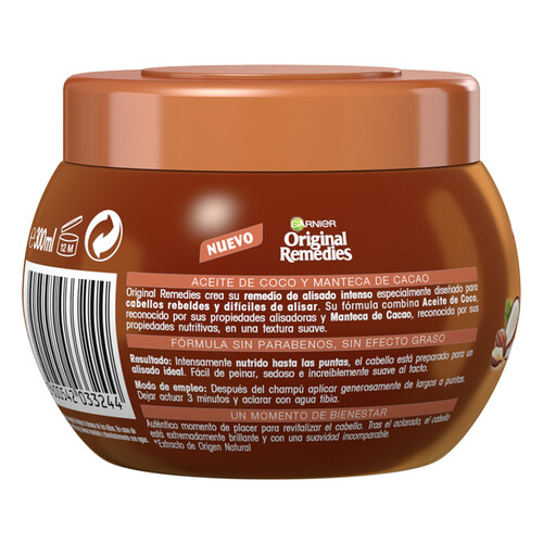 ORIGINAL REMEDIES Mascarilla capilar con aceite de coco y manteca de cacao, para cabellos rebeldes y difíciles de alisar ORIGINAL REMEDIES de Garnier 300 ml.