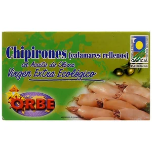 ORBE Chipirones rellenos en aceite oliva virgen extra, bajo sal, ecológico ORBE 75 g.