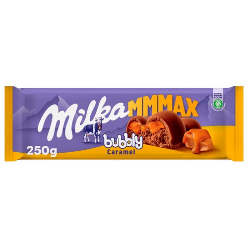 MILKA Chocolate bubbly con leche y relleno líquido de caramelo 250 g.