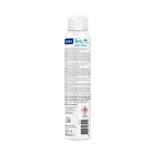 SANEX Zero% extra control Desodorante en spray para mujer, antitranspirante hasta 48 horas 200 ml.