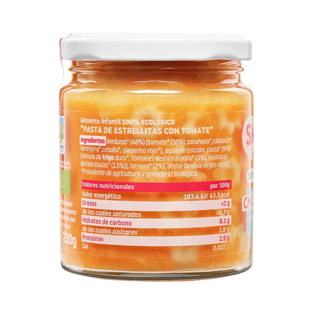 Cachitos Tarrito de pasta con forma de estrellitas con tomate, a partir de 10 meses 230 g.