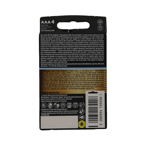 Pack de 4 pilas alcalinas AAA, LR03, 1,5V, DURACELL Optimum.