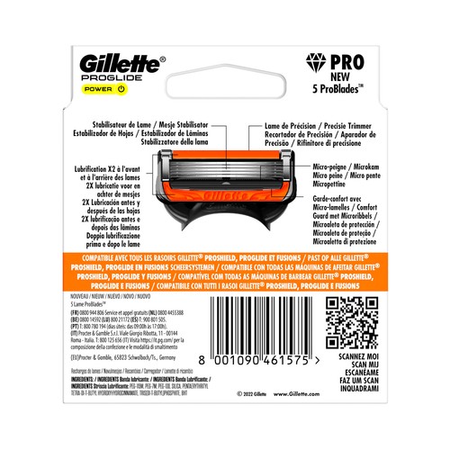GILLETTE Recambio de cuchillas de 5 hojas para maquinillas de afeitar GILLETTE Proglide power 8 uds.