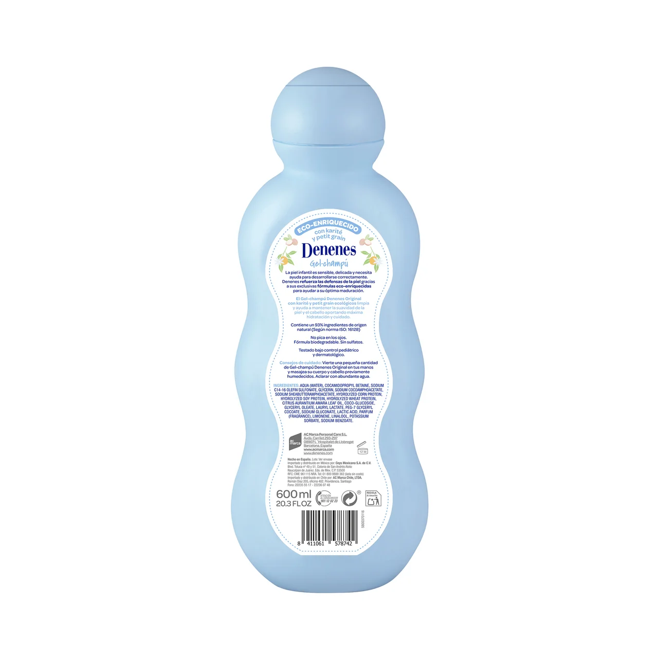 DENENES Gel y champú infantil, con karité y petit grain, que no pica en los ojos DENENES Original 600 ml.