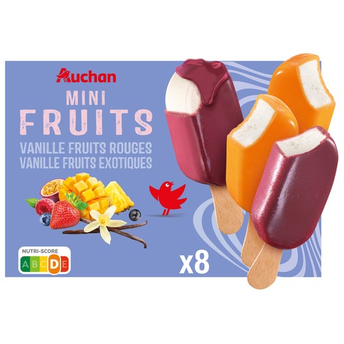 PRODUCTO ALCAMPO Mini helados de vainilla con cobertura de frutas rojas (4) y frutas exóticas (4) 8 x 50 ml.
