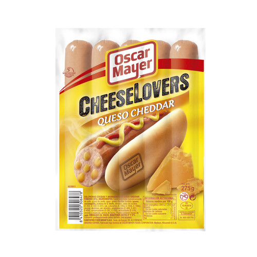 OSCAR MAYER Salchichas cocidas y ahumadas con queso chedar fundido en su interior OSCAR MAYER Cheeselover 275 g.