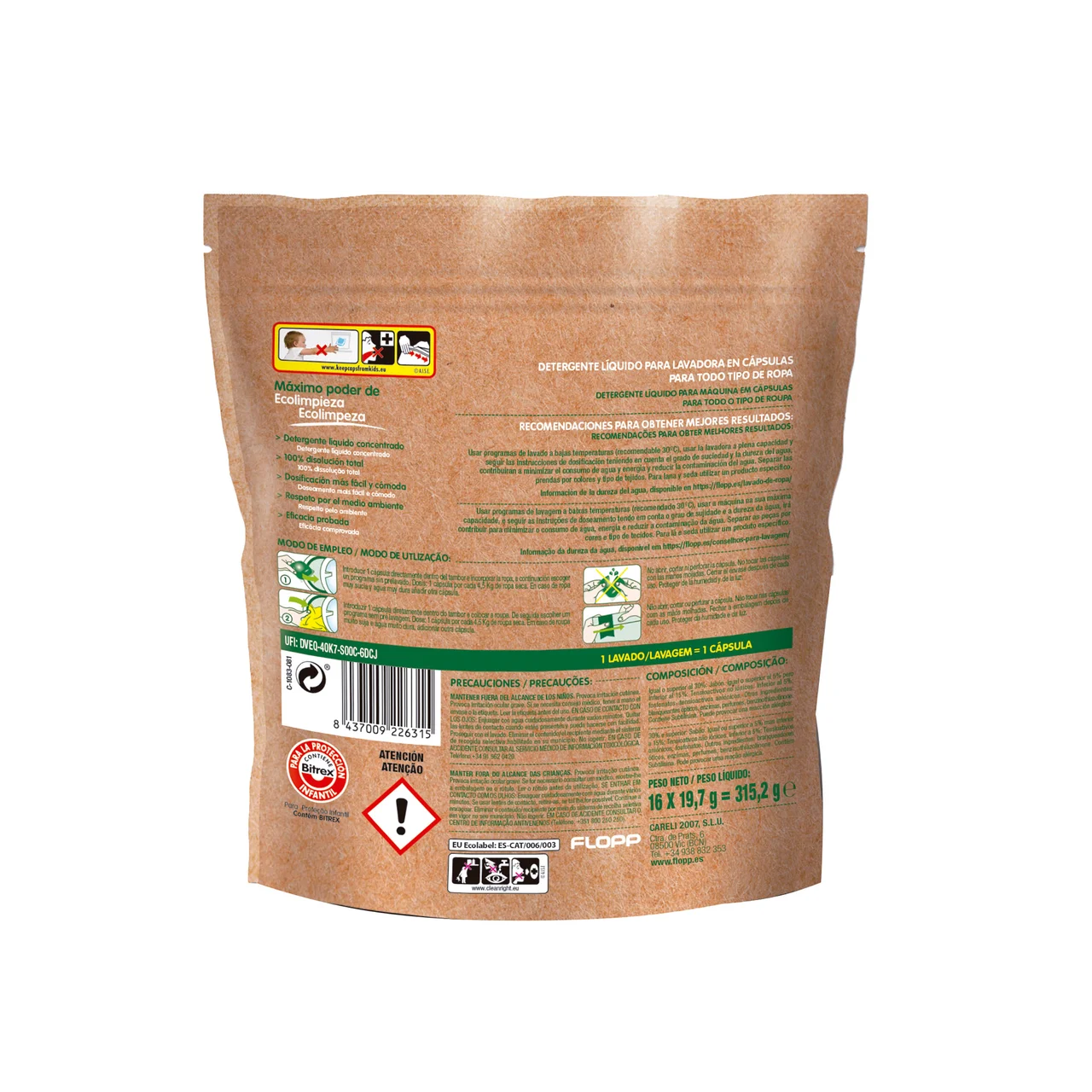 FLOPP Detergente ecológico líquido, en cápsulas para el lavado de todo tipo de ropa 16 uds. 315,2 g.