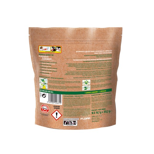 FLOPP Detergente ecológico líquido, en cápsulas para el lavado de todo tipo de ropa 16 uds. 315,2 g.