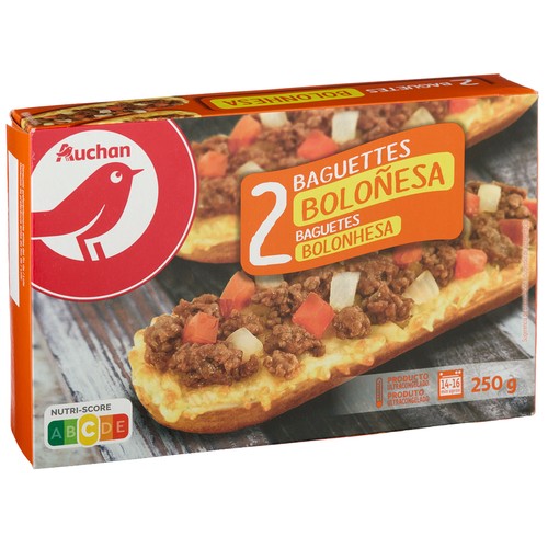 AUCHAN Baguettes con queso Edam, carne de vacuno, tomate y cebolla 2 x 125 g. Producto Alcampo