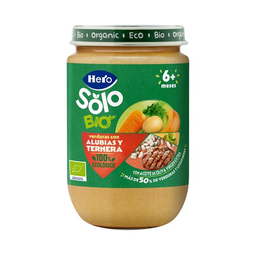 HERO Solo bio Tarrito de verduras con alubias y ternera, 100% ecológico, a paritr de 6 meses 190 g.