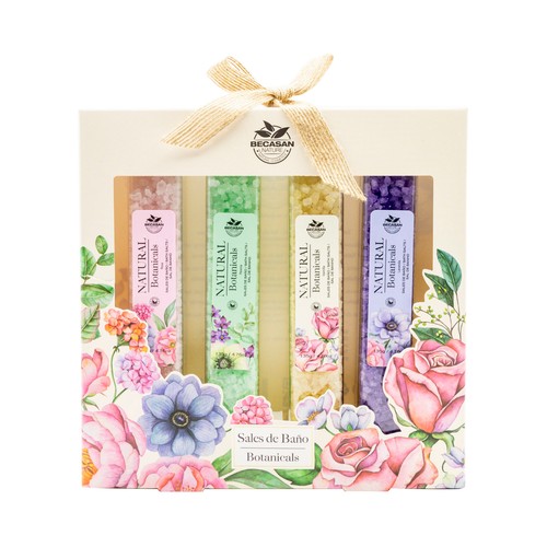 BECASAN NATURE Estuche con 4 x 135 g tubos de sales de baño (rosa, peonia, lavanda y vainilla).