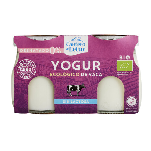CANTERO DE LETUR Yogur natural de vaca ecológico, desnatado, sin lactosa pack 2 uds.x 125 g.