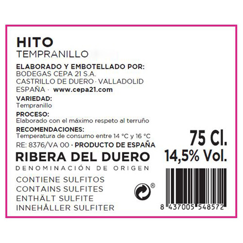 HITO  Vino tinto con D.O. Ribera del Duero botella de 75 cl.