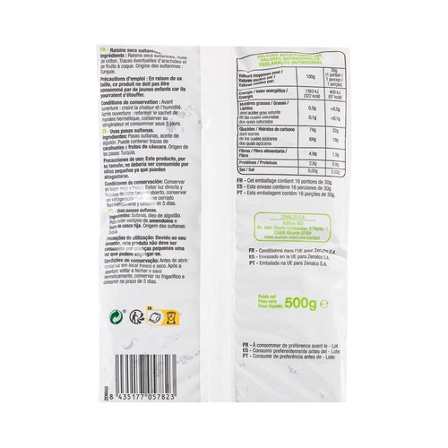 PRODUCTO ECONÓMICO ALCAMPO Pasa sultanas bolsa de 500 g.