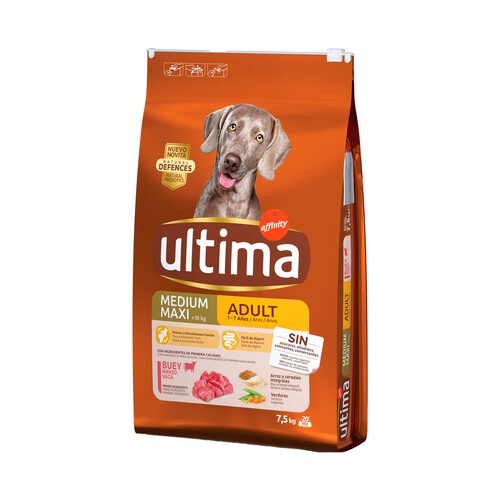 ULTIMA Pienso para perros adultos entre 1 y 7 años a base de buey, arroz y cereales ULTIMA 7,5 kilos.