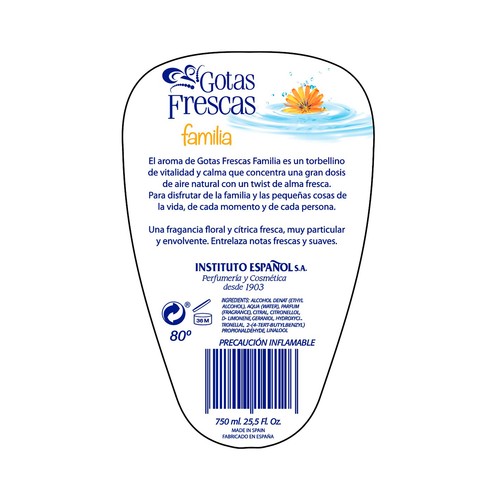 GOTAS FRESCAS Agua de colonia concentrada, ideal para toda la familia GOTAS FRESCAS 750 ml.