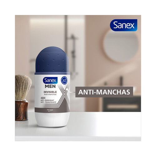 SANEX Men invisible Desodorante roll on para hombre con protección anti transpirante de 24 horas 50 ml.