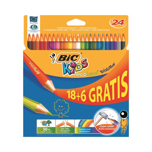 Caja con 24 lápices para colorear, con mina extra dura y hechos de madera reciclada al 50% BIC Kids evolution.