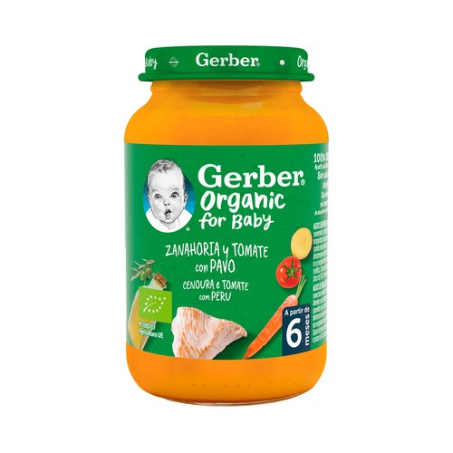 GERBER Organic Tarrito de zanahoria y tomate con pavo, a partir de 6 meses 190 g.