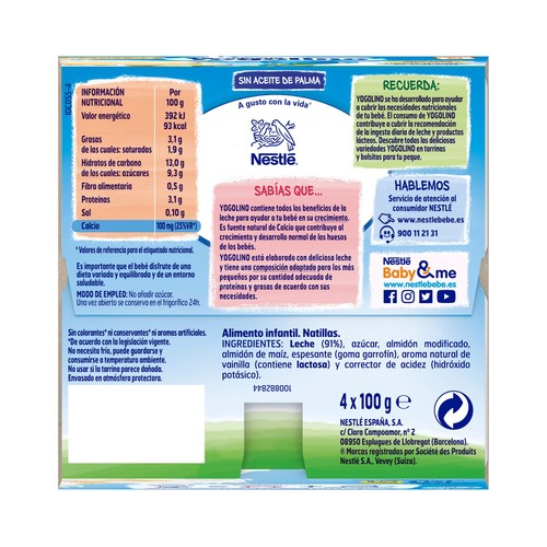 YOGOLINO de Nestlé Natillas con sabor a vainilla, adaptadas para bebés a partir de 6 meses 4 x 100 g.