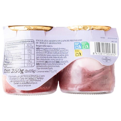 ALCAMPO GOURMET Yogur cremoso natural azucarado con moras y arándanos y sin gluten  2 x 125 g.