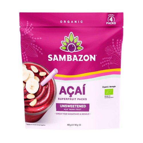 SAMBAZON Puré de Açai sin azúcar de origen ecológico 4 x 100 g.