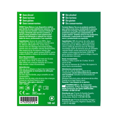 VICKS Fórmula natural Jarabe con sabor miel, para la tos seca y productiva 140 ml.