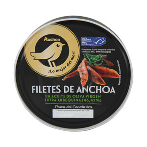 Filetes de anchoa en aceite de oliva virgen extra arbequina MSC (Pesca sostenible certificada) ALCAMPO GOURMET lata p.e. 150 g.