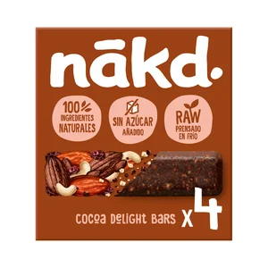 NÁKD Barritas de chocolate con frutos secos y fruta, con ingredientes 100% naturales y sin azúcares añadidos 4 uds. 140 g.