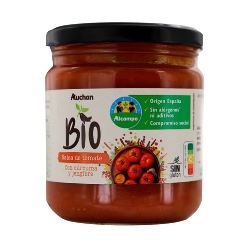 Salsa de tomate de temporada ecológica, con un toque de cúrcuma y jengibre ALCAMPO PRODUCCION CONTROLADA ECOLÓGICO 340 g.