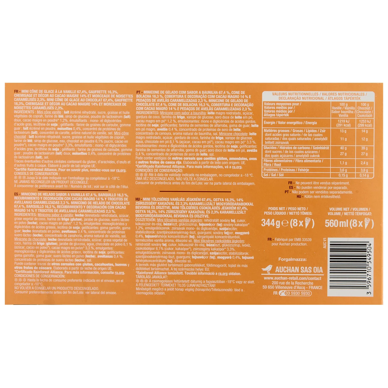 PRODUCTO ALCAMPO Mini conos de helado de vainilla (4) y helado de chocolate (4) 8 x 70 ml.
