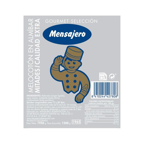 MENSAJERO Mitades de melocotón en almíbar 1250 g.