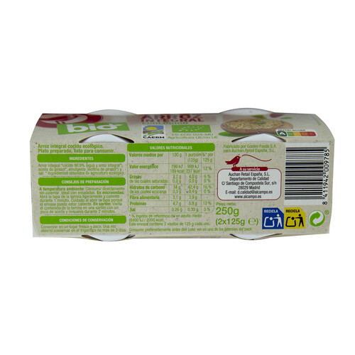 Arroz integral cocido ecológico ALCAMPO ECOLÓGICO 2 uds. x 125 g.