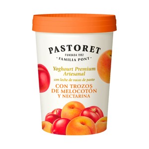 PASTORET Yogur artesanal azucarado con trozos de melocotón y nectarina 475 g.