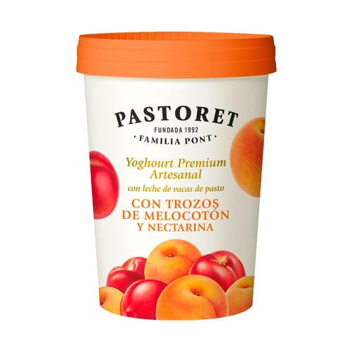 PASTORET Yogur artesanal azucarado con trozos de melocotón y nectarina 475 g.